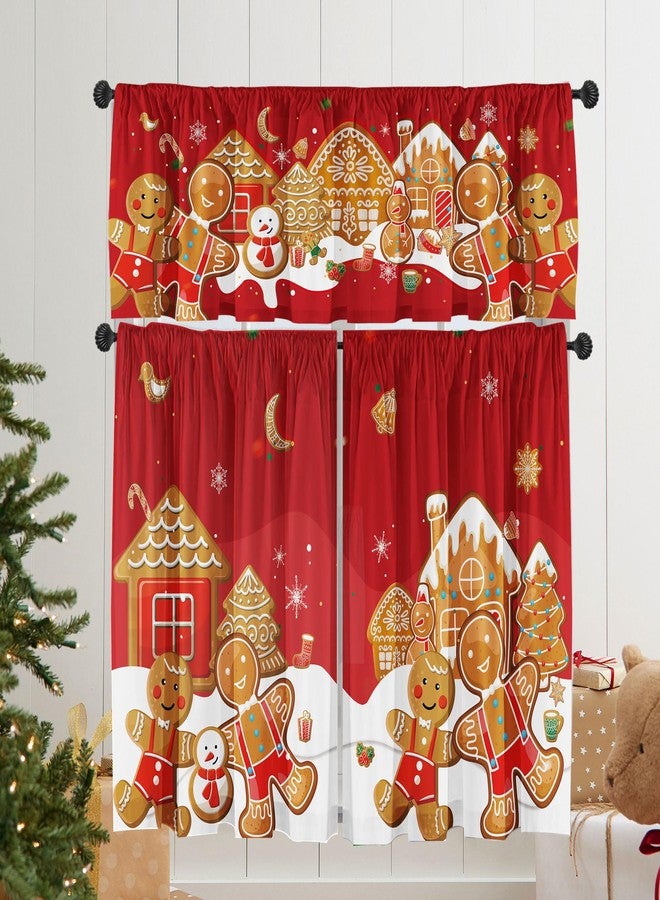 Deztibos Christmas Valance for Windows Rod Pocket Short Curtains Gingerbread Man Merry Christmas Kitchen Valances Window Treatments,52 x 18，26x36 inch Three-Piece Set. - Image 1